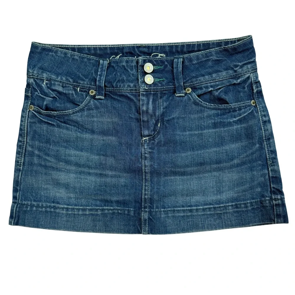 VTG American Eagle Denim Mini Skirt Low Rise Cotton Sz 0 Y2K Coquette Micro